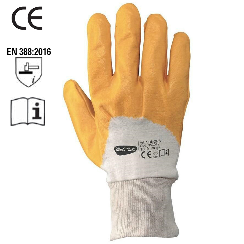 GUANTO NBR GIALLO IN COTONE SEMI IMPREGN CON POLSINO CERT. EN388