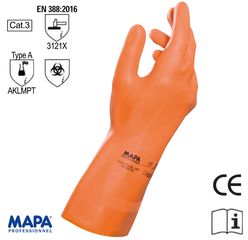GUANTO MAPA 299 INDUSTRIAL IN LATTICE ARANCIO SP.0,90  CERT. EN374 EN388