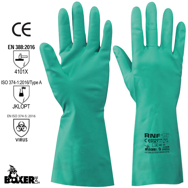 GUANTO RNF15 IN NITRILE VERDE SP.0,40 MM INTERNO FLOCCATO CERT.EN374 EN388