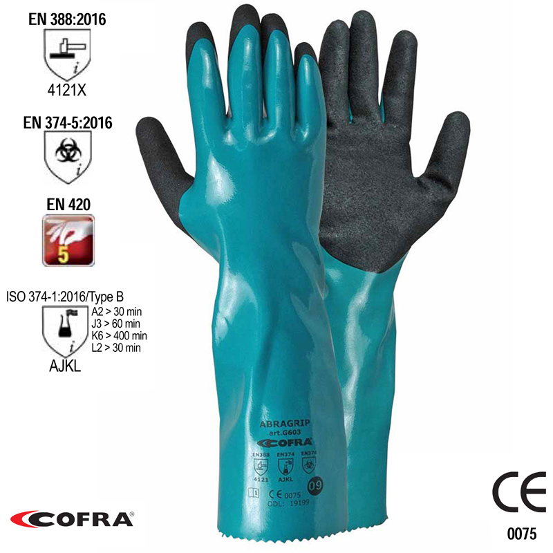 GUANTO ABRAGRIP COFRA IN NYLON SPALMATO  NITRILE PALMO SABBIATO CERT.EN374 EN388