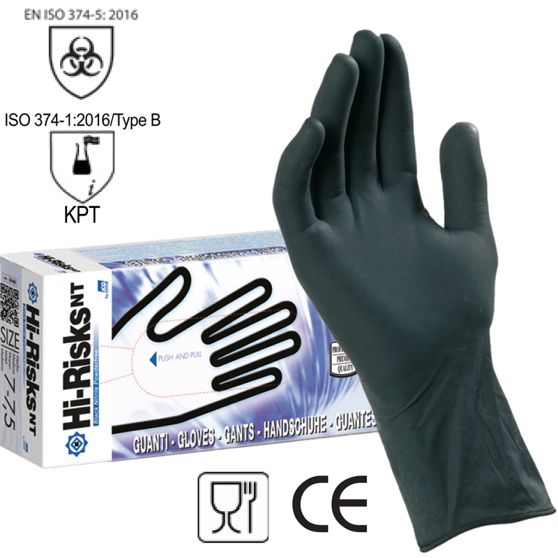 GUANTI NITRILE SPESSORATO HI RISKS NT EN374 SENZA POLVERE SCATOLA DA PZ.50
