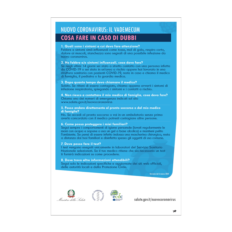 CORONAVIRUS - IL VADEMECUM - COSA FARE IN CASO DI DUBBI - CARTELLO ALL. 33X50