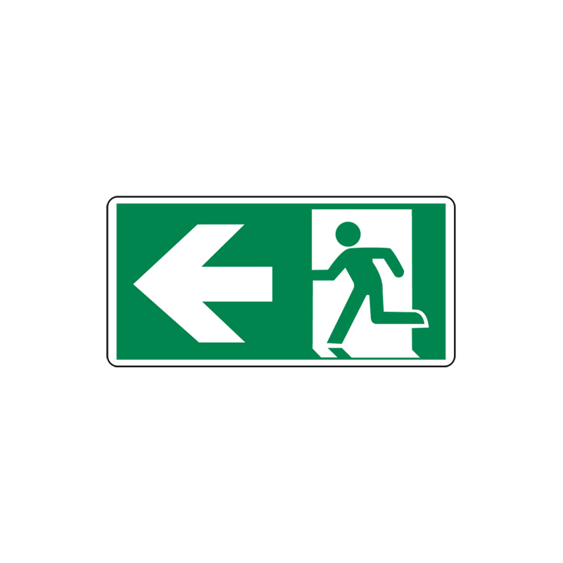 USCITA  EMERG. A SINISTRA OMINO/FRECCIA CARTELLO ADESIVO 220X100 EMERGENZA
