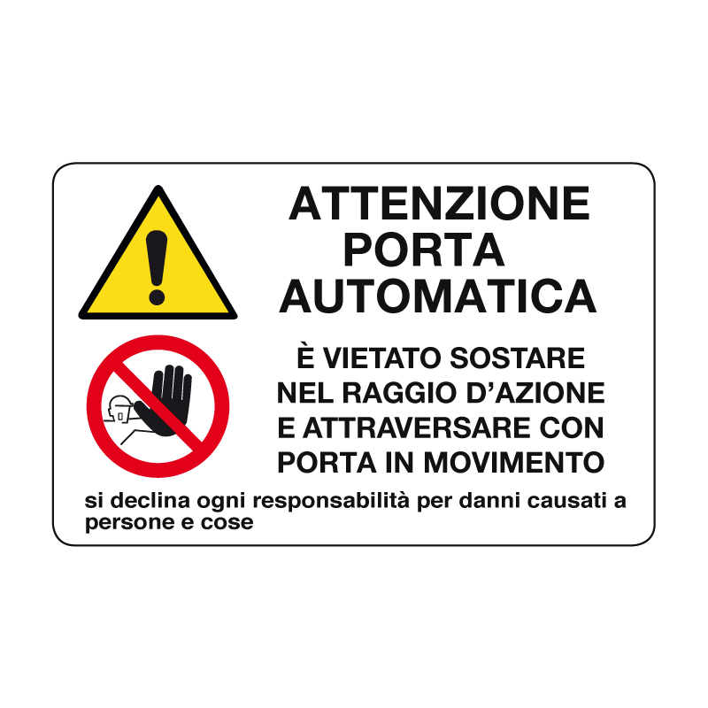 ATTENZIONE PORTA AUTOMATICA CARTELLO ALLUMINIO 500X330 MULTISIMBOLO