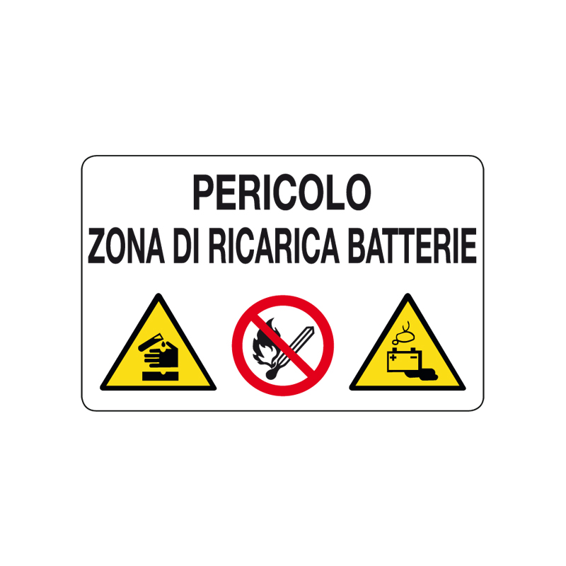 PERICOLO ZONA DI RICARICA BATTERIE CARTELLO ALLUMINIO 300X200 MULTISIMBOLO