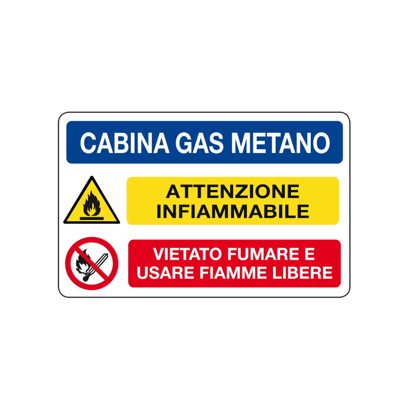 CABINA GAS METANO ATT. INFIAMM. CARTELLO ALLUMINIO 300X200 MULTISIMBOLO