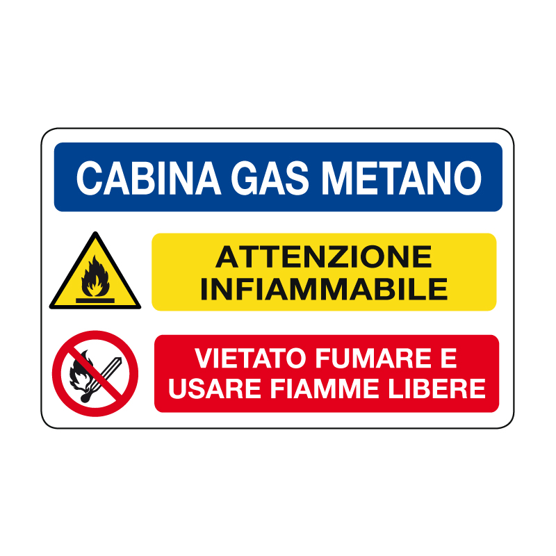 CABINA GAS METANO ATT. INFIAMM. CARTELLO ALLUMINIO 500X330 MULTISIMBOLO