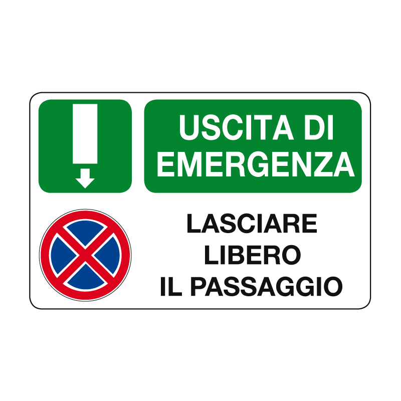 USCITA DI EMERG. LASCIARE LIBERO IL P. CARTELLO ALLUMINIO 500X330 MULTISIMBOLO