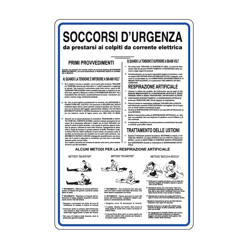 SOCCORSI D'URGENZA COLPITI CORR. ELETTR. CARTELLO ALLUMINIO 330X500 NORME