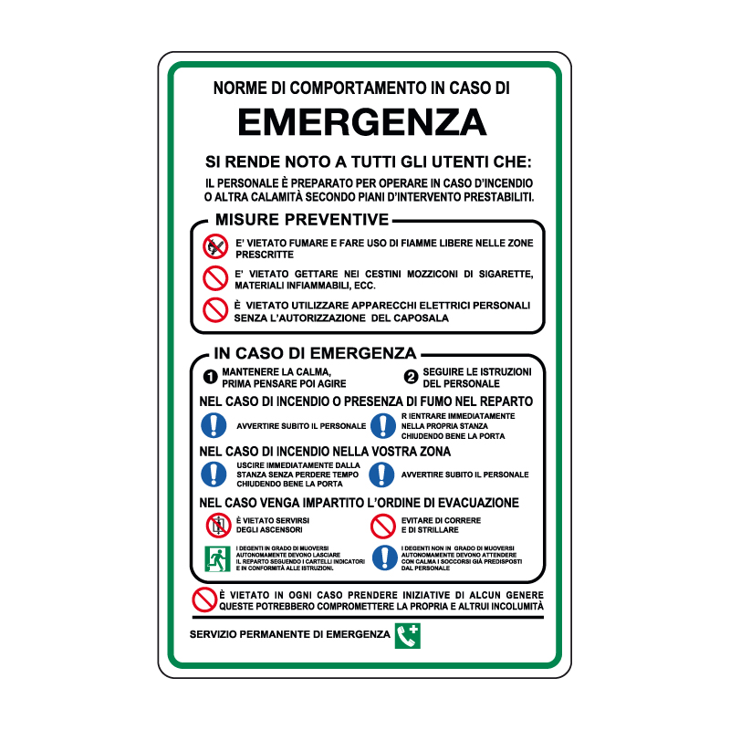 NORME COMPORTAMENTO IN CASO EMERGENZA CARTELLO ALLUMINIO 330X500 NORME