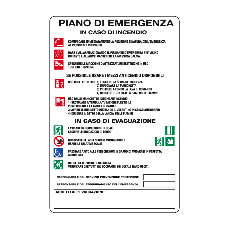 PIANO DI EMERGENZA IN CASO DI INCENDIO CARTELLO ALLUMINIO 330X500 NORME