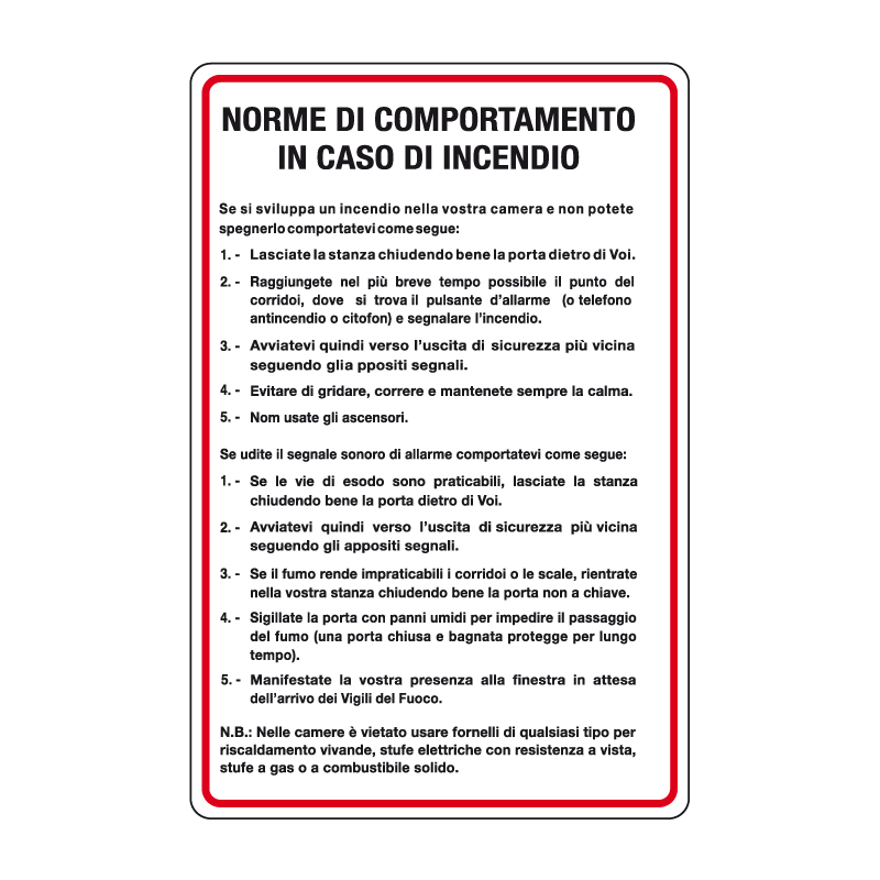 NORME DI COMPORTAMENTO CASO INCENDIO CARTELLO ALLUMINIO 330X500 NORME