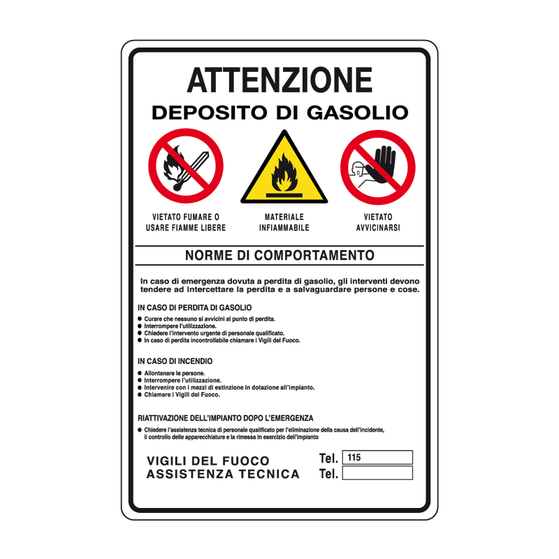 ATTENZIONE DEPOSITO DI GASOLIO CARTELLO ALLUMINIO 330X500 NORME