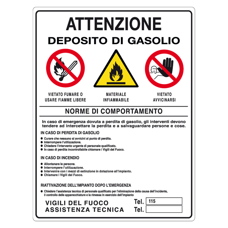 ATTENZIONE DEPOSITO DI GASOLIO CARTELLO ALLUMINIO 500X660 NORME