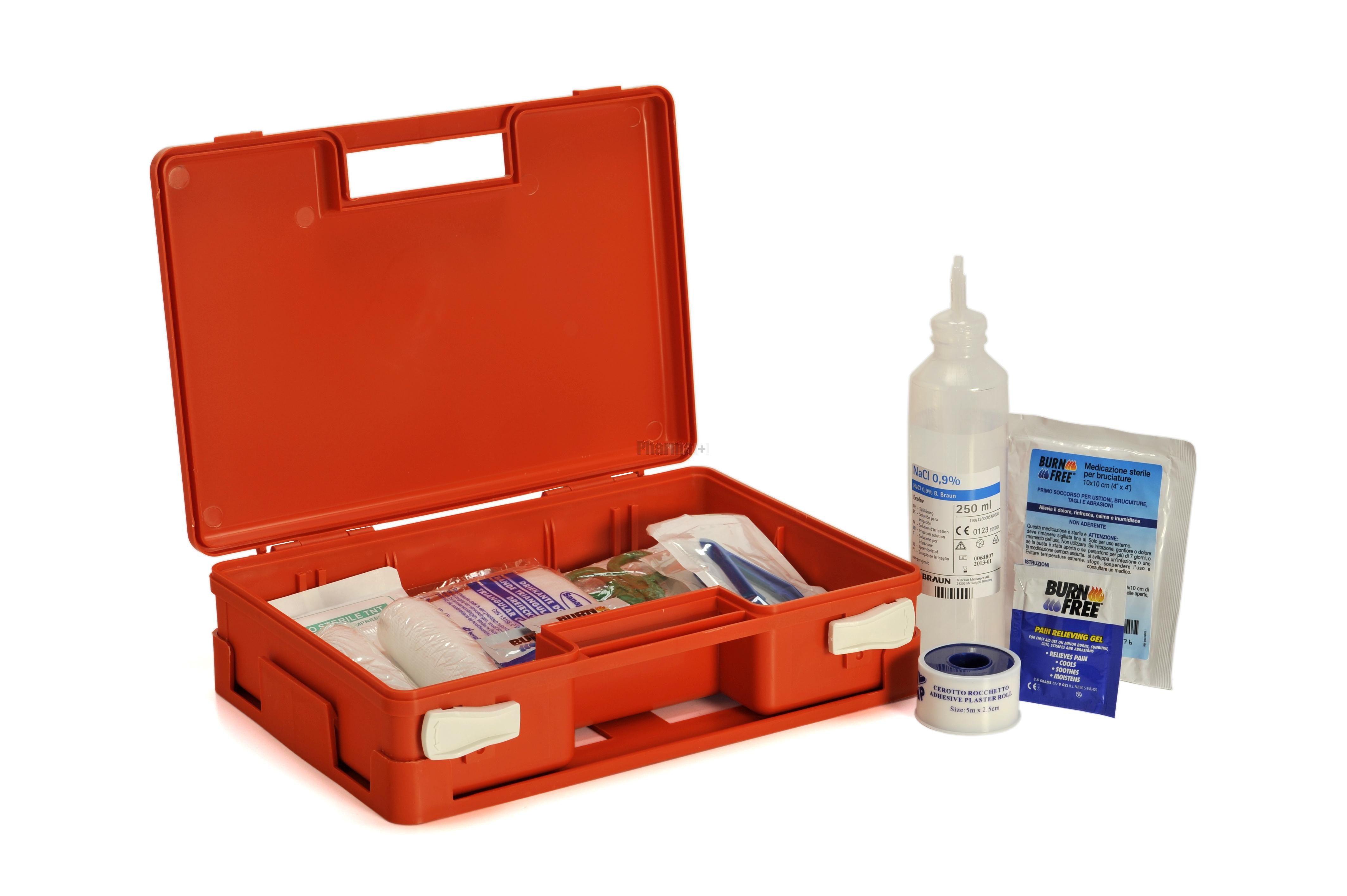 KIT ANTIUSTIONI PER IL PRIMO SOCCORSO GEL, FORBICI, GARZE, LIQUIDO OC, MANUALE