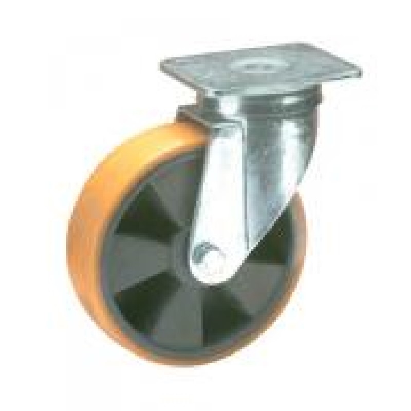 RUOTA NYLON RIVESTITA POLIURETANO D.200 SU CUSCINETTI SUPPORTO A PIASTRA PESANTE
