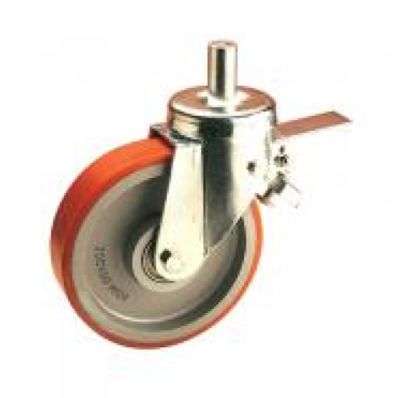 RUOTA GHISA POLIURETANO D. 200X50 SUPPORTO PERNO LISCIO E FRENO D. 27X60