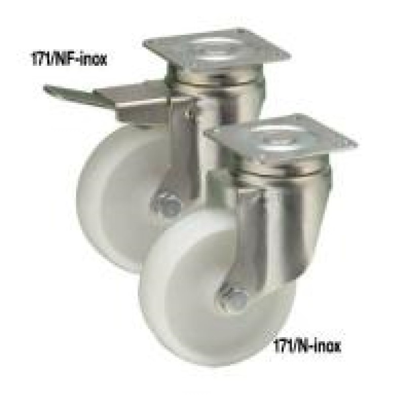 SUPPORTO A PIASTRA GIREVOLE E FRENO INOX RUOTA D.60 NYLON BIANCO