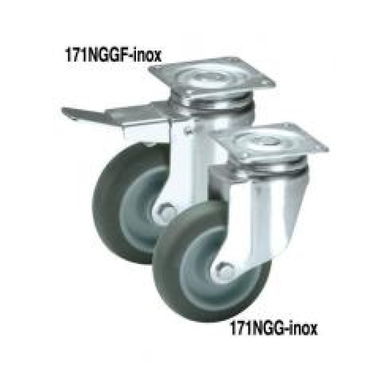 SUPPORTO A PIASTRA GIREVOLE E FRENO INOX RUOTA D.125 NYLON GOMMA GRIGIA