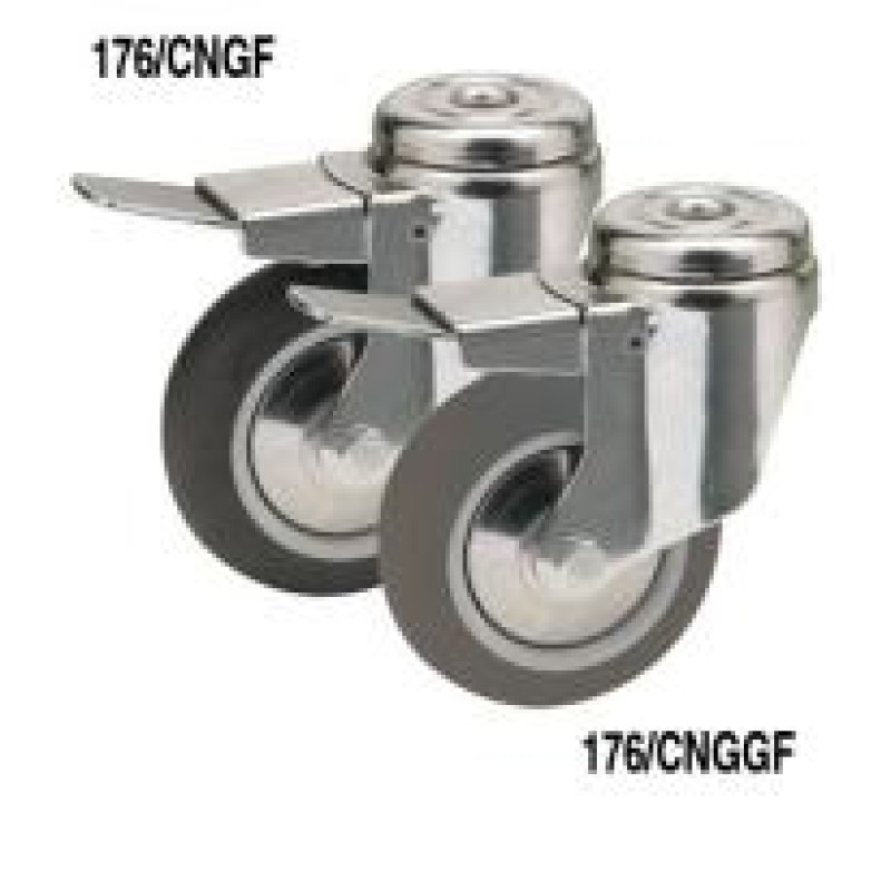 SUPPORTO CON FORO PASSANTE E FRENO F.10 RUOTA D.80 GOMMA GRIGIA E PARAFILI