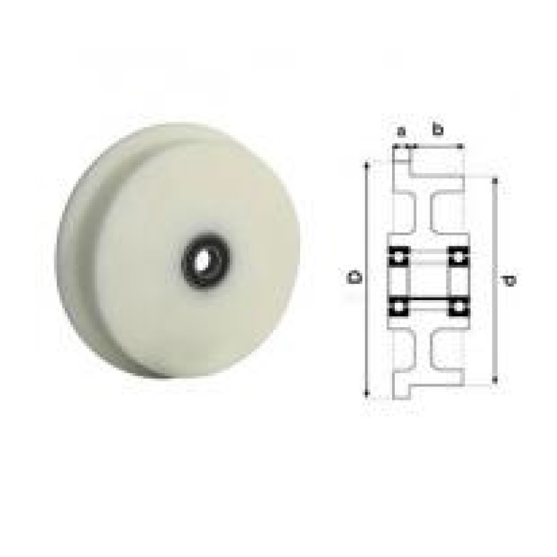 RUOTA IN NYLON DIAMETRO 50 SU CUSCINETTI ADATTA PER BINARI TIPO FERROVIA