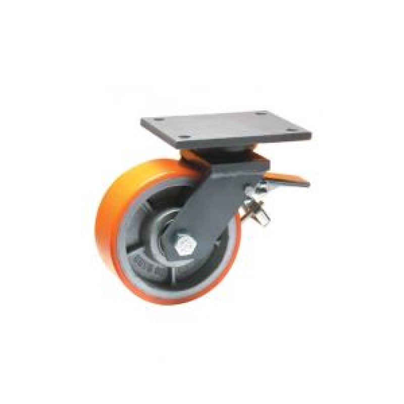 RUOTA GHISA POLIURETANO D. 200X100 SUPPORTO GIREVOLE E FRENO SERIE EXTRAPES