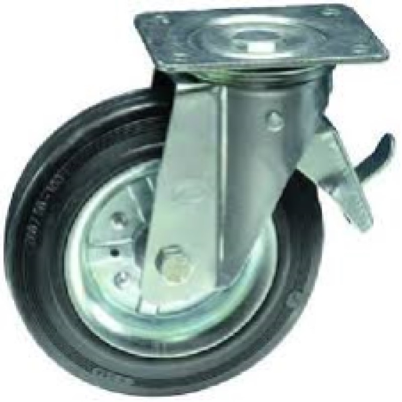 SUPPORTO GIREVOLE E FRENO  RUOTA GOMMA NERA D.250 SU RULLI