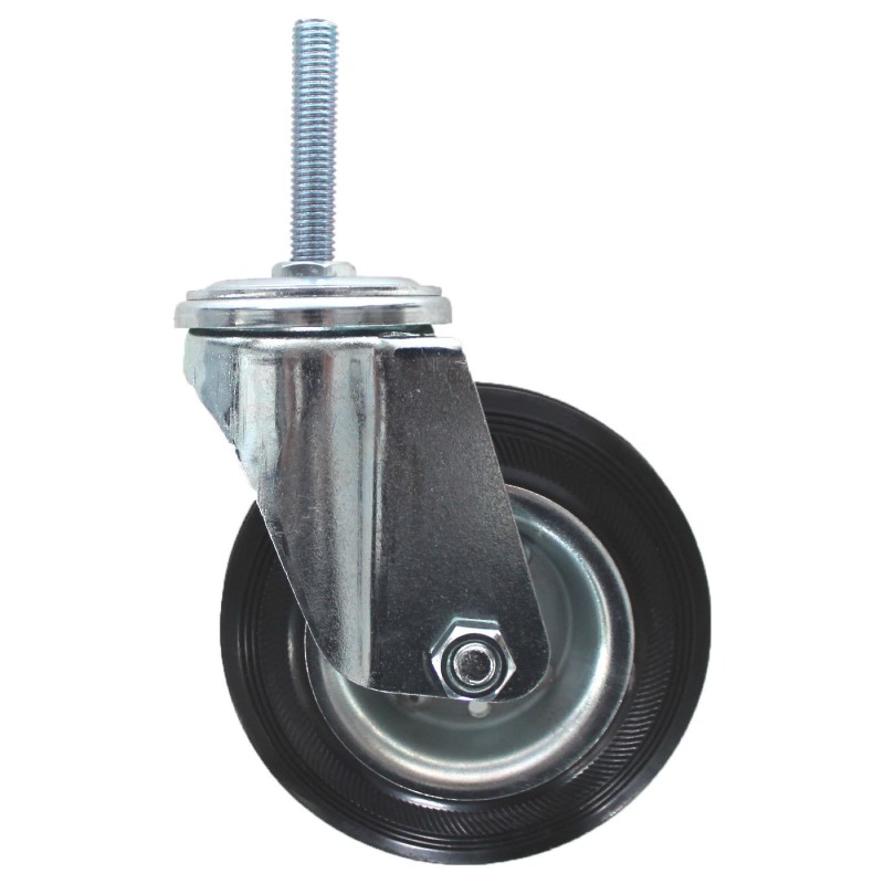 SUPPORTO GIREVOLE A PERNO FILETTATO M12 RUOTA D.80 GOMMA NERA SU RULLI