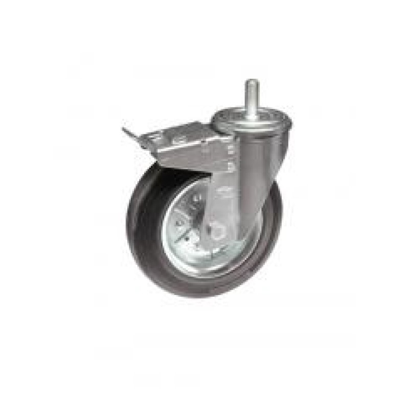 SUPPORTO A PERNO FILETTATO M 12 E FRENO RUOTA D.200 GOMMA NERA SU RULLI