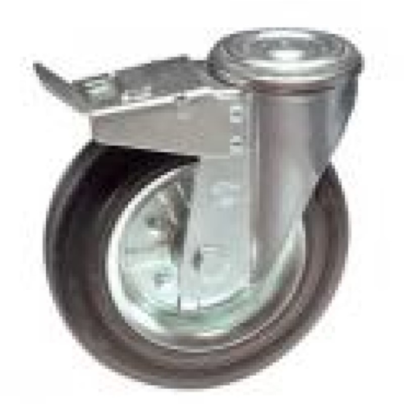 SUPPORTO FORO PASSANTE D.10 E FRENO  RUOTA D.100 GOMMA NERA SU RULLI