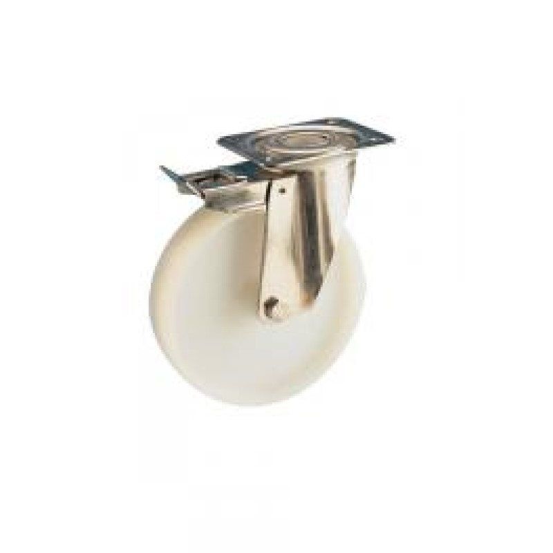 RUOTA NYLON BIANCO D. 100 SUPPORTO  PIASTRA GIREVOLE E FRENO INOX