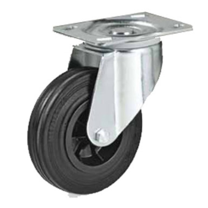 RUOTA NYLON GOMMA NERA D. 80 BOCCOLA SUPPORTO GIREVOLE SERIE LEGGERA