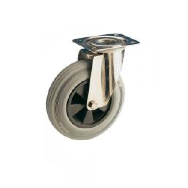 SUPPORTO GIREVOLE INOX RUOTA D.180 GOMMA GRIGIA SU BOCCOLA