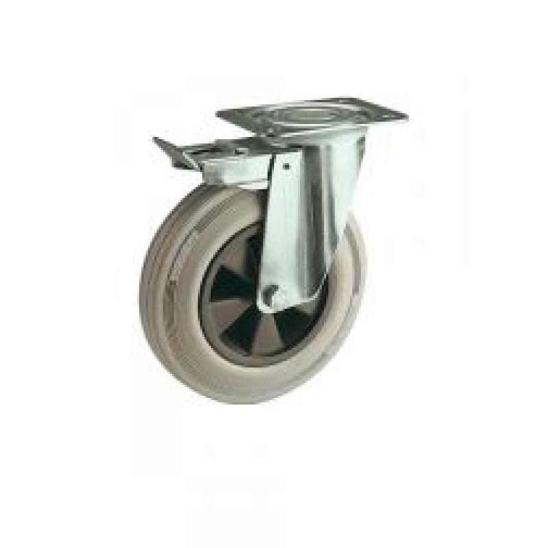SUPPORTO GIREVOLE CON FRENO INOX RUOTA  D.100 GOMMA GRIGIA SU BOCCOLA