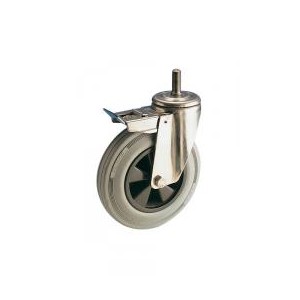 RUOTA GOMMA GRIGIA D.200 SU BOCCOLA SUPPORTO PERNO FILETTATO E FREN M12 INOX