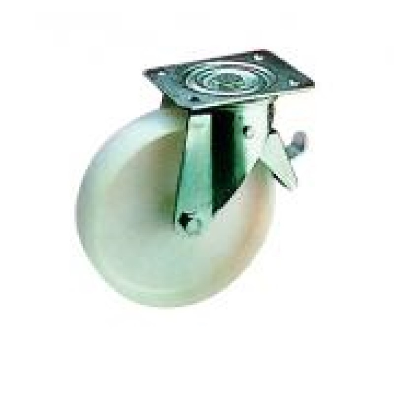 SUPPORTO SERIE LEGGERA GIREVOLE E FRENO RUOTA NYLON BIANCO D.100