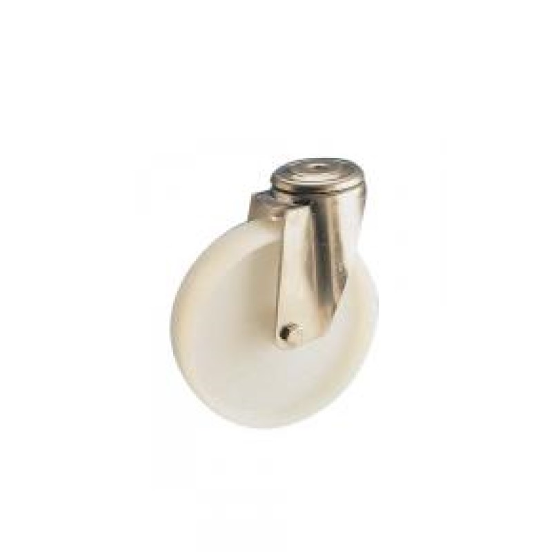 RUOTA NYLON BIANCO DIAMETRO 125 SUPPORTO FORO PASSANTE D. 12 INOX