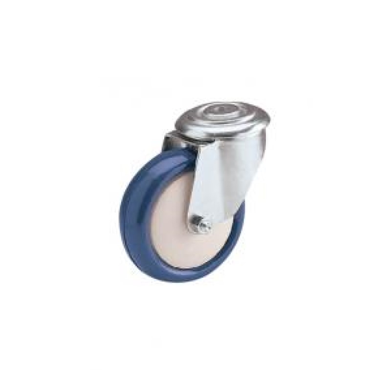 RUOTA NYLON POLIURETANO BLU D.125 CUSCIN SUPPORTO A FORO PASSANTE D. 10