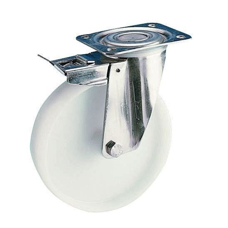 SUPPORTO GIREVOLE CON FRENO INOX RUOTA  NYLON DIAMETRO 160
