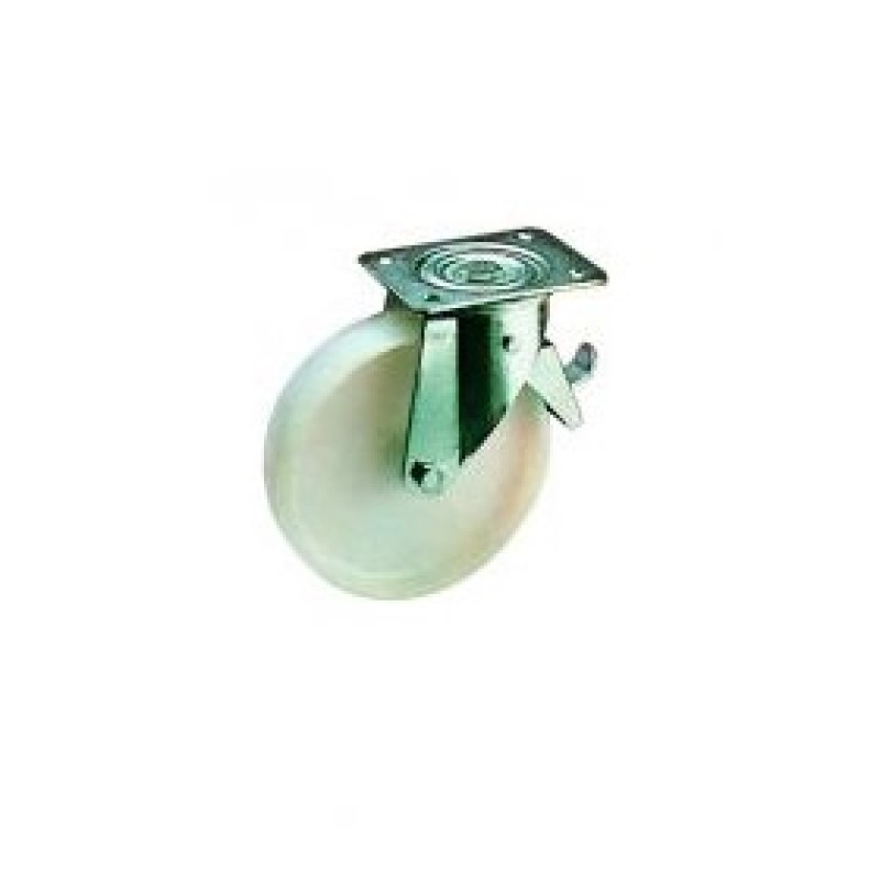 RUOTA NYLON BIANCO D.200 SERIE MEDIA SUPPORTO A PIASTRA GIREVOLE E FRENO