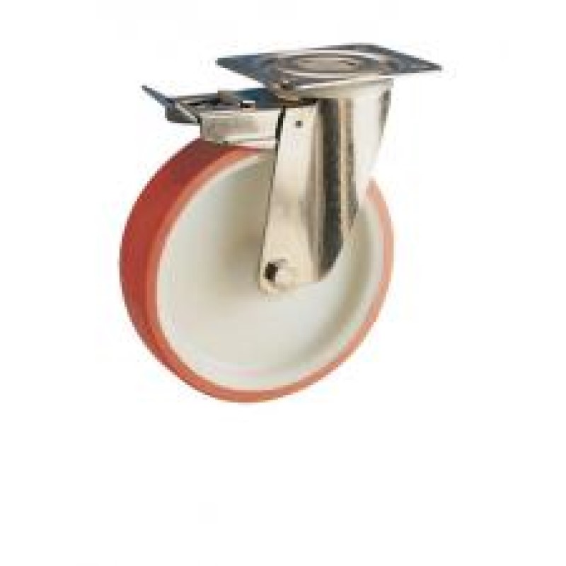 SUPPORTO GIREVOLE E FRENO INOX AISI304 RUOTA NYLON POLIURETANO D.150 BOCCOLA