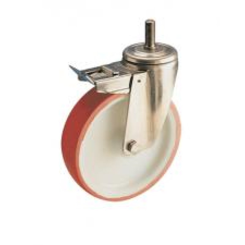 RUOTA NYLON POLIURETANO D.125 SU BOCCOLA SUPPORTO PERNO FILETTATO M 16 E FRENO
