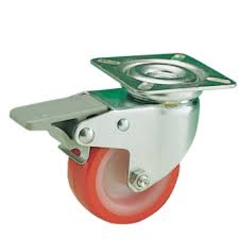 SUPPORTO A PIASTRA GIREVOLE E FRENO RUOTA NYLON POLIURETANO DIAMETRO 50