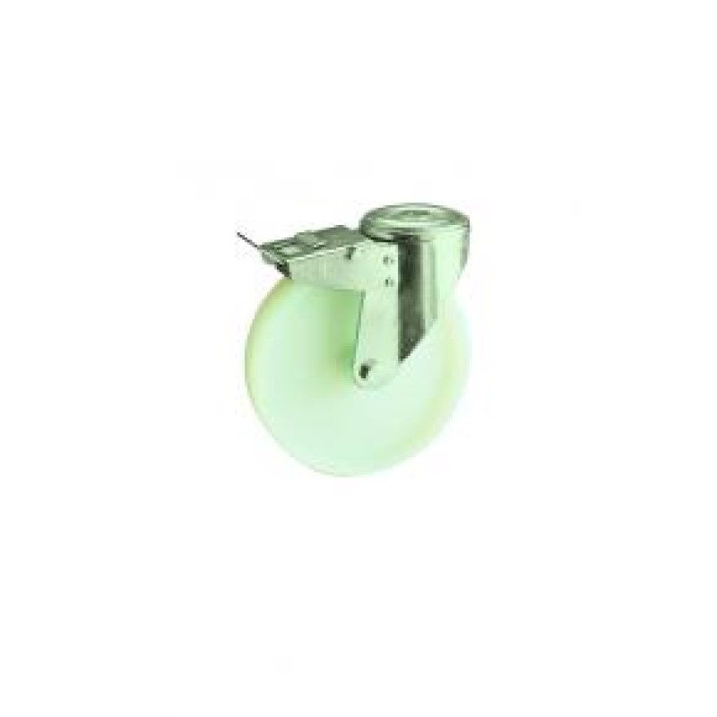 SUPPORTO GIREVOLE FORO PASSANTE D.12 E FRENO RUOTA NYLON BIANCO D.125