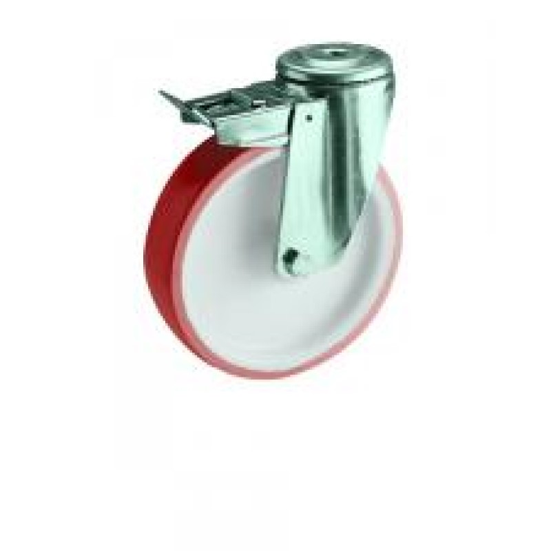 SUPPORTO GIREVOLE FORO PASSANTE 12 FRENO RUOTA NYLON POLIURETANO D.100 BOCCOLA