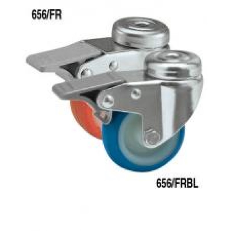 RUOTA NYLON POLIURETANO DIAMETRO 50 SUPPORTO PESANTE A FORO PASSANTE E FRENO