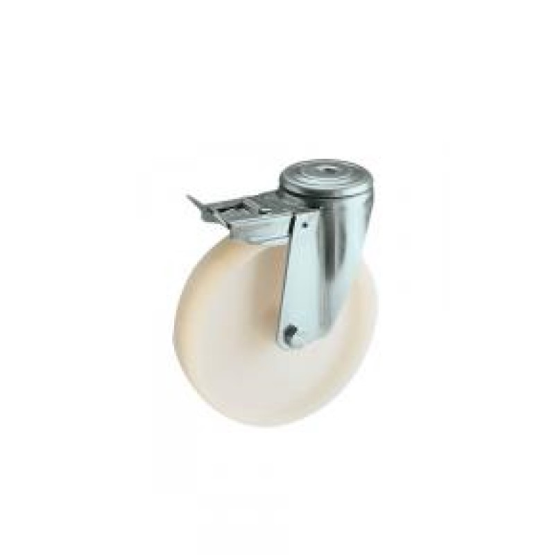 RUOTA NYLON BIANCO DIAMETRO 160 SUPPORTO FORO PASSANTE D12 E FRENO INOX