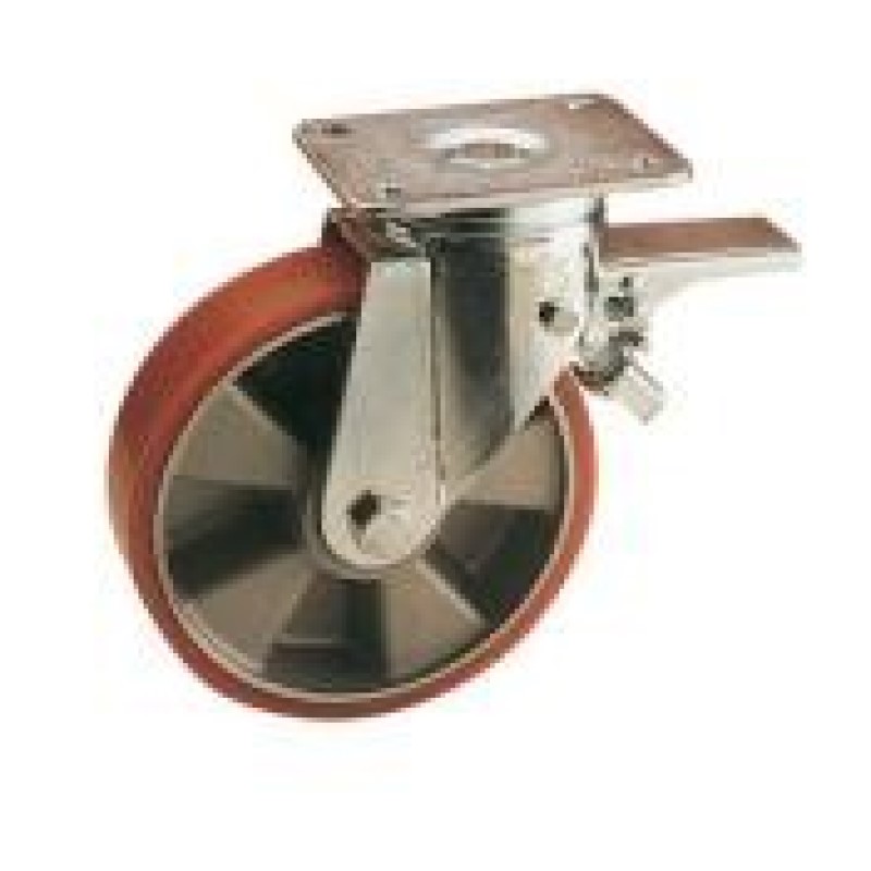 RUOTA ALLUMINIO POLIURETANO D.125X50 SUPPORTO GIREVOLE SERIE PESANTE E FRENO