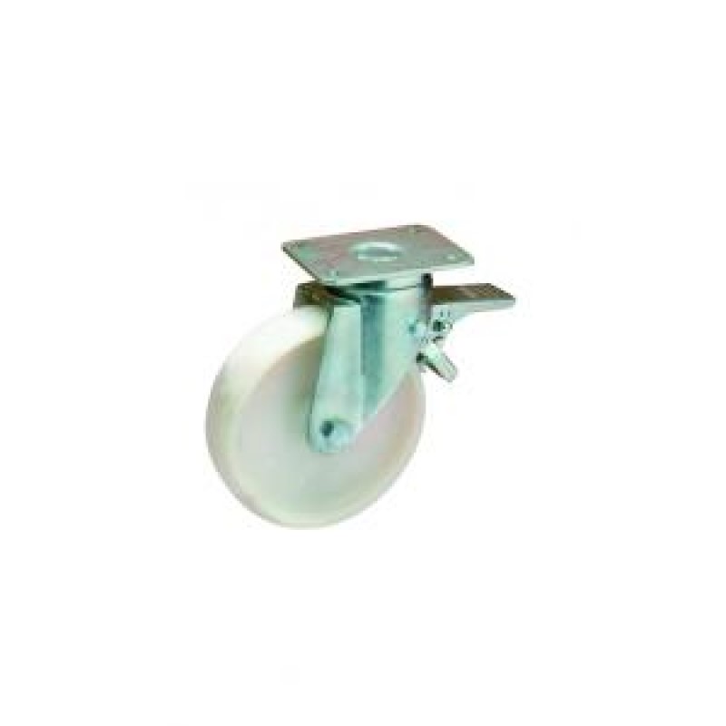 RUOTA NYLON BIANCO SU CUSCINETTI D.150 SUPPORTO GIREVOLE E FRENO SERIE PESANTE