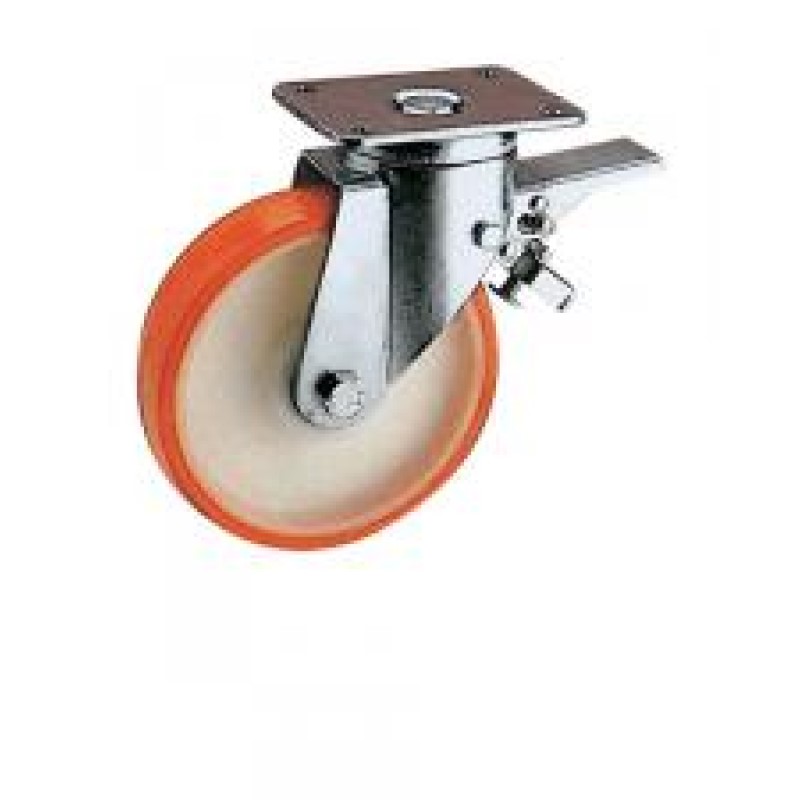 SUPPORTO GIREVOLE E FRENO SERIE PESANTE RUOTA NYLON POLIURETANO D. 80 CUSCINETTI